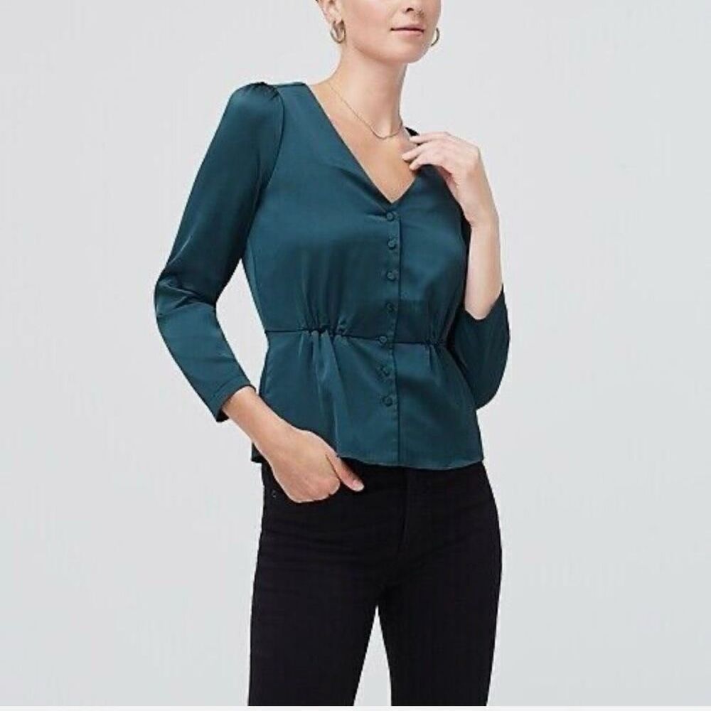 J. Crew Satin peplum crepe button-front blouse‎ Size 4 emerald green